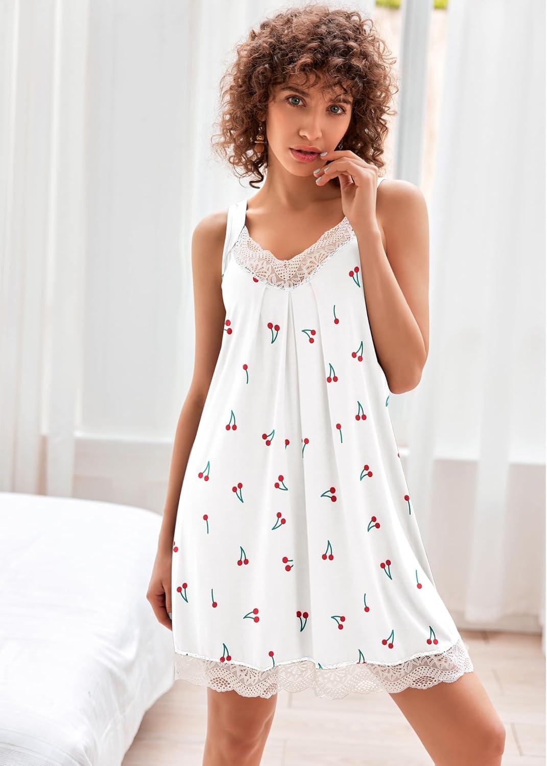 imageEkouaer Womens Nightgown Vneck Chemise Sleepwear Lace Nightwear Soft Lingerie for WomenWhite Cherry Print