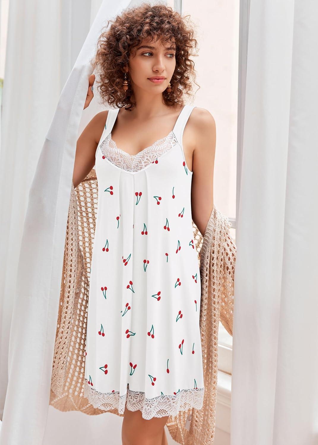 imageEkouaer Womens Nightgown Vneck Chemise Sleepwear Lace Nightwear Soft Lingerie for WomenWhite Cherry Print
