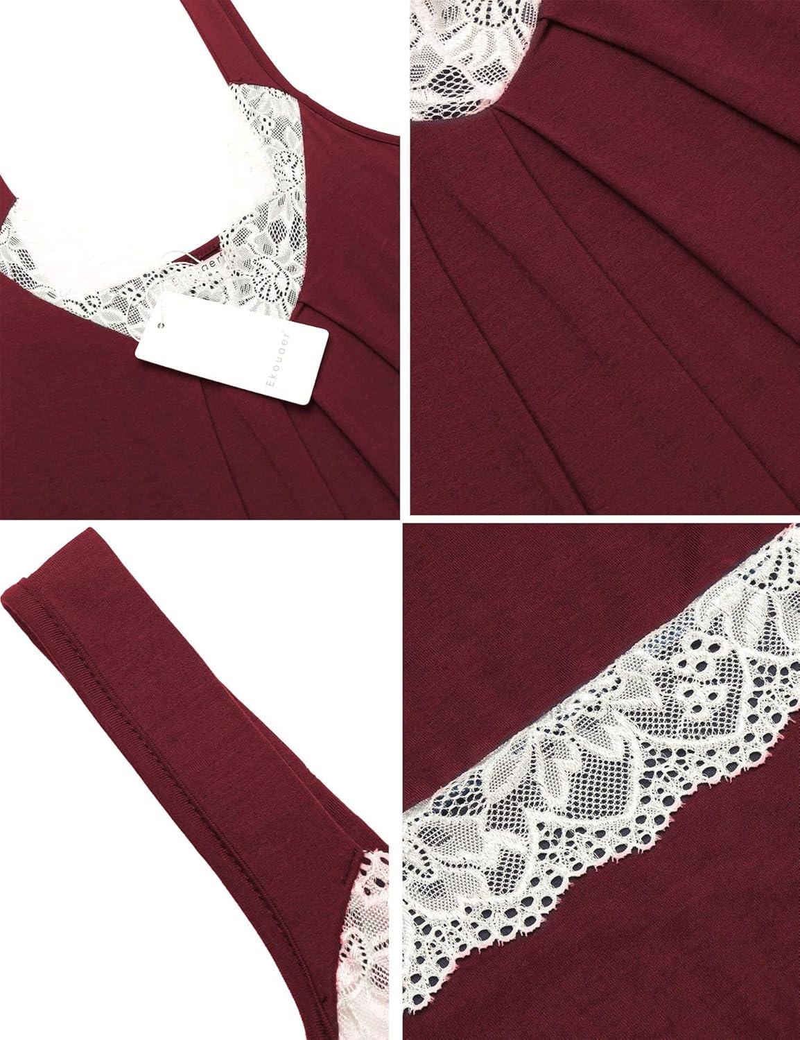 imageEkouaer Womens Nightgown Vneck Chemise Sleepwear Lace Nightwear Soft Lingerie for WomenWine Red