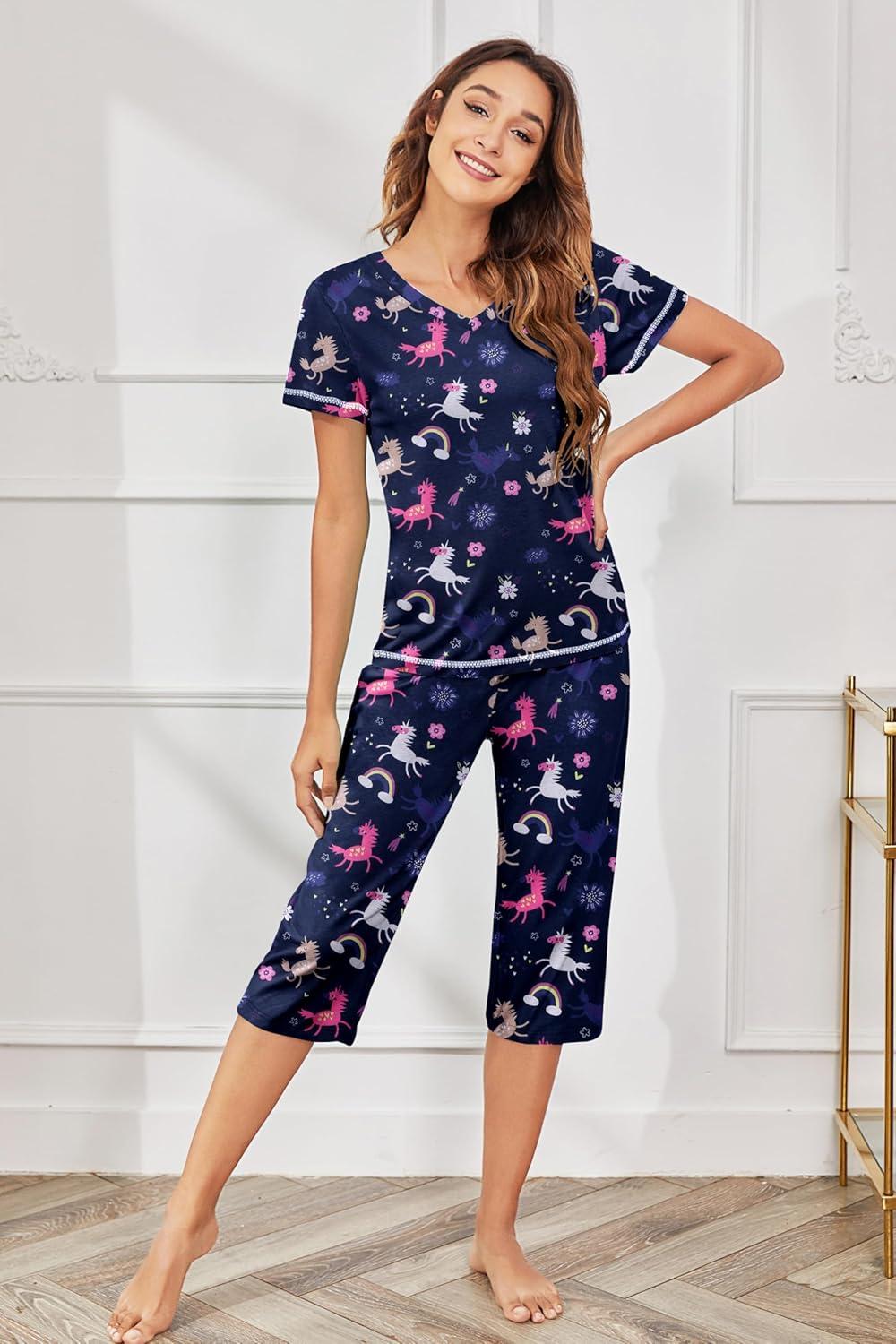 imageEkouaer Womens Pajama Set 2 Piece Short Sleeve Capri Pj Sets V Neck Loungewear Sleepwear with Pockets S3XLFlowers Rainbow