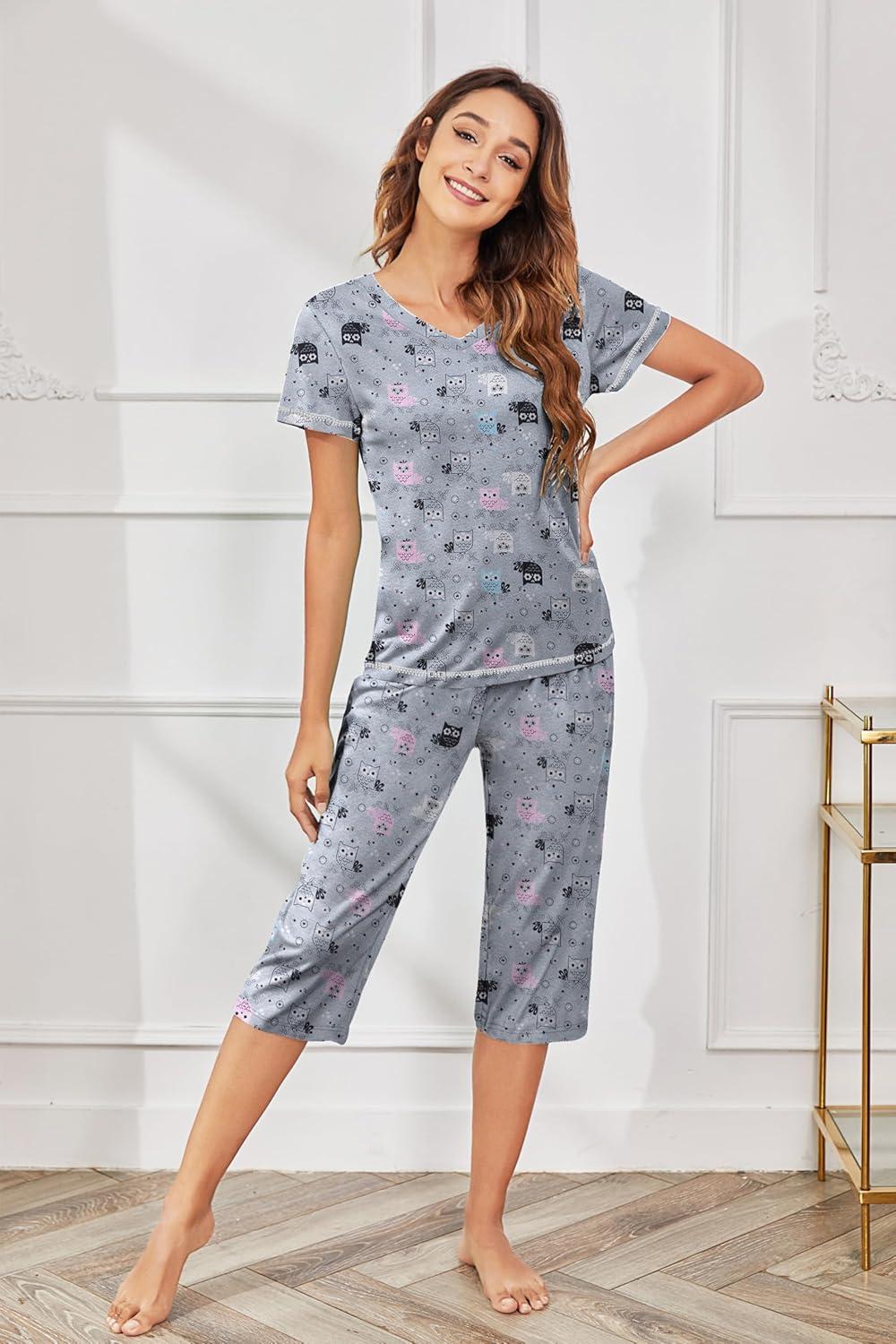 imageEkouaer Womens Pajama Set 2 Piece Short Sleeve Capri Pj Sets V Neck Loungewear Sleepwear with Pockets S3XLLittle Owls