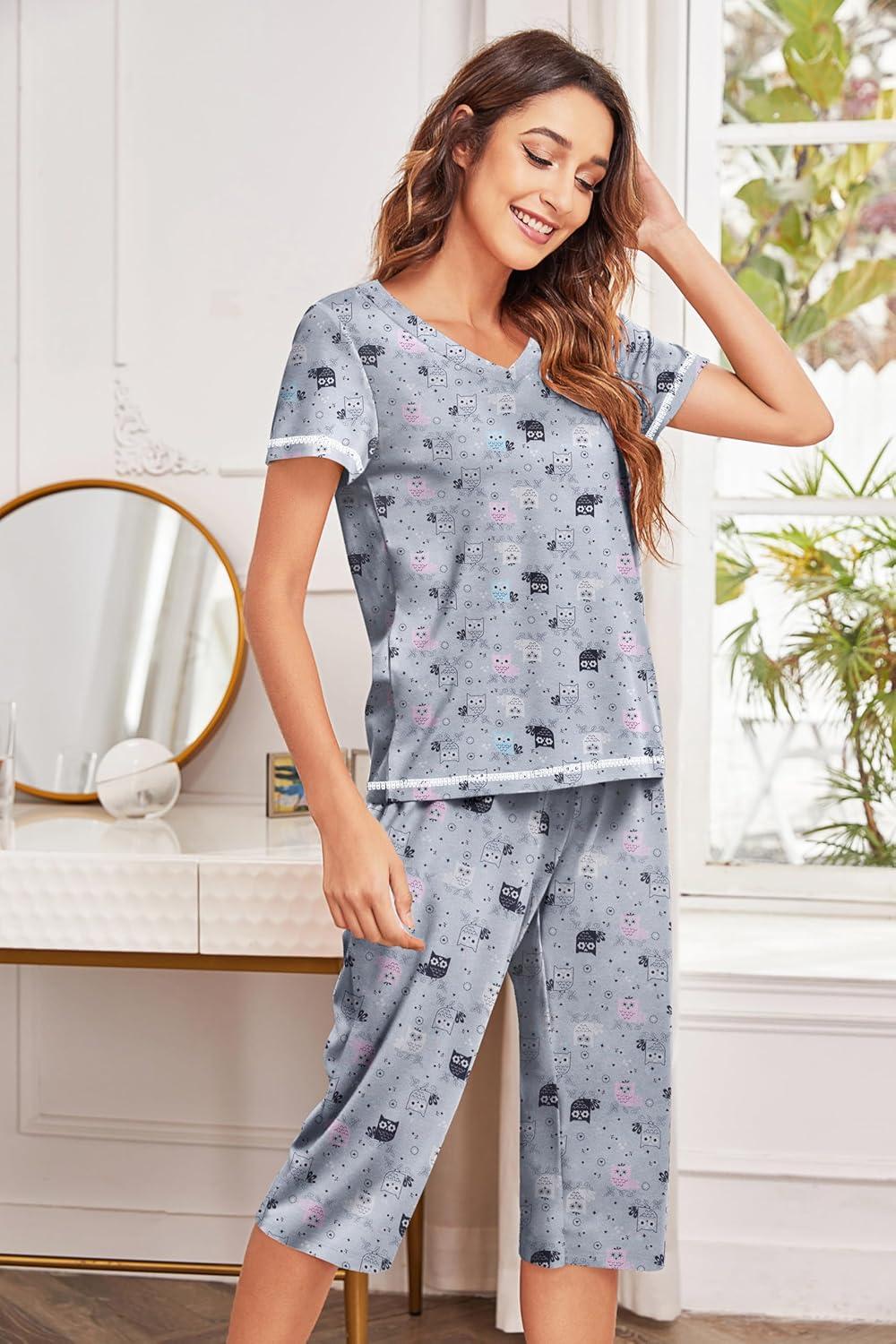 imageEkouaer Womens Pajama Set 2 Piece Short Sleeve Capri Pj Sets V Neck Loungewear Sleepwear with Pockets S3XLLittle Owls