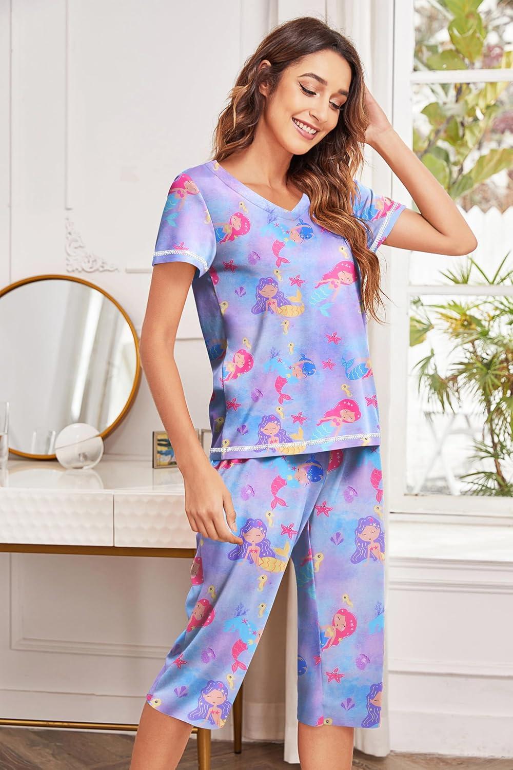 imageEkouaer Womens Pajama Set 2 Piece Short Sleeve Capri Pj Sets V Neck Loungewear Sleepwear with Pockets S3XLMermaid