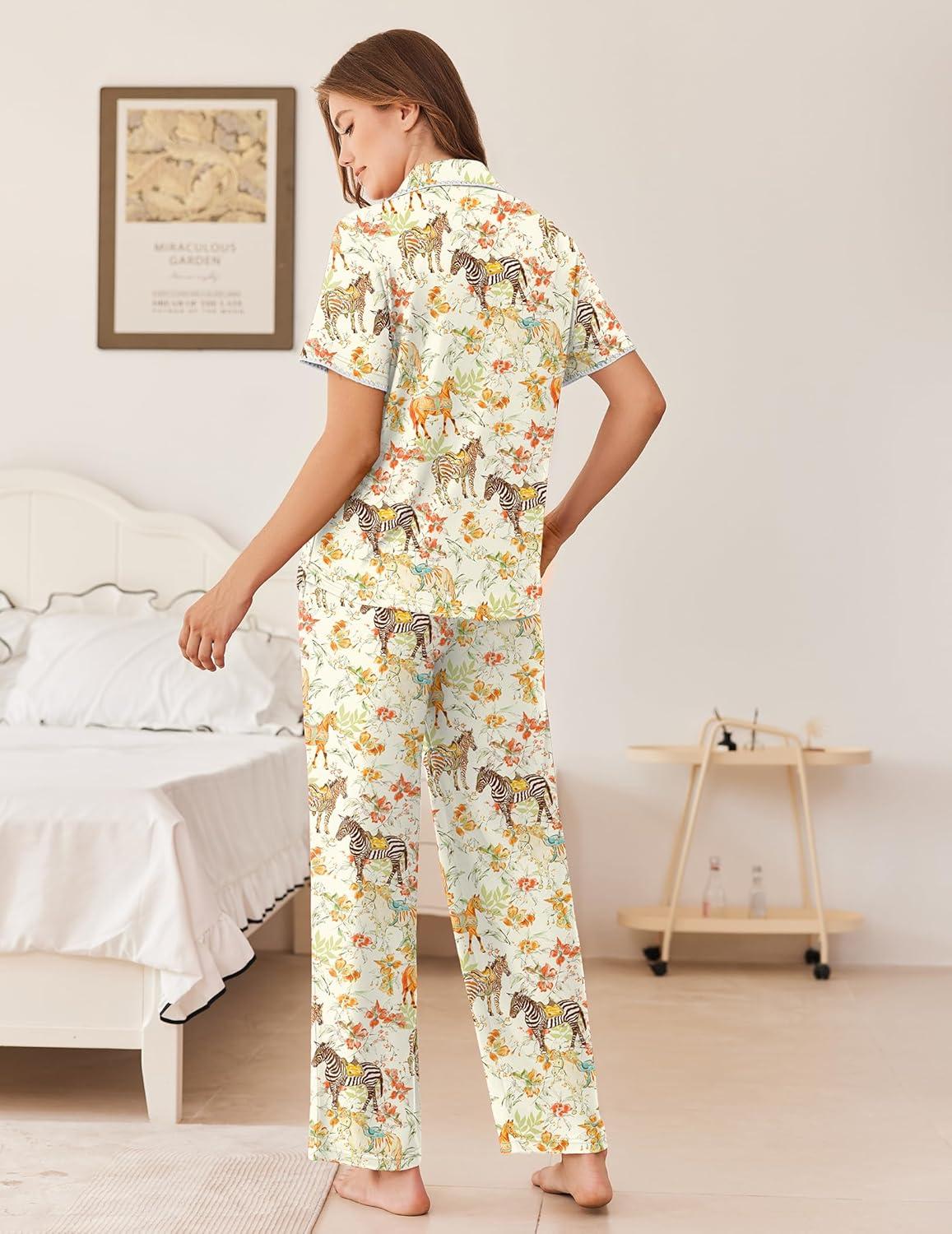imageEkouaer Womens Pajama Sets Button Down Loungewear Short Sleeve Sleepwear 2 Piece Pants Pjs Set with Pockets SXXLHorse Collection