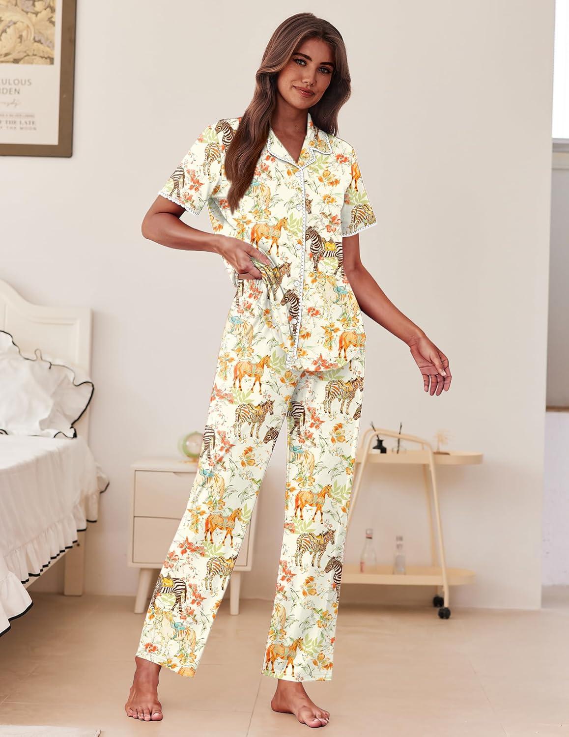 imageEkouaer Womens Pajama Sets Button Down Loungewear Short Sleeve Sleepwear 2 Piece Pants Pjs Set with Pockets SXXLHorse Collection