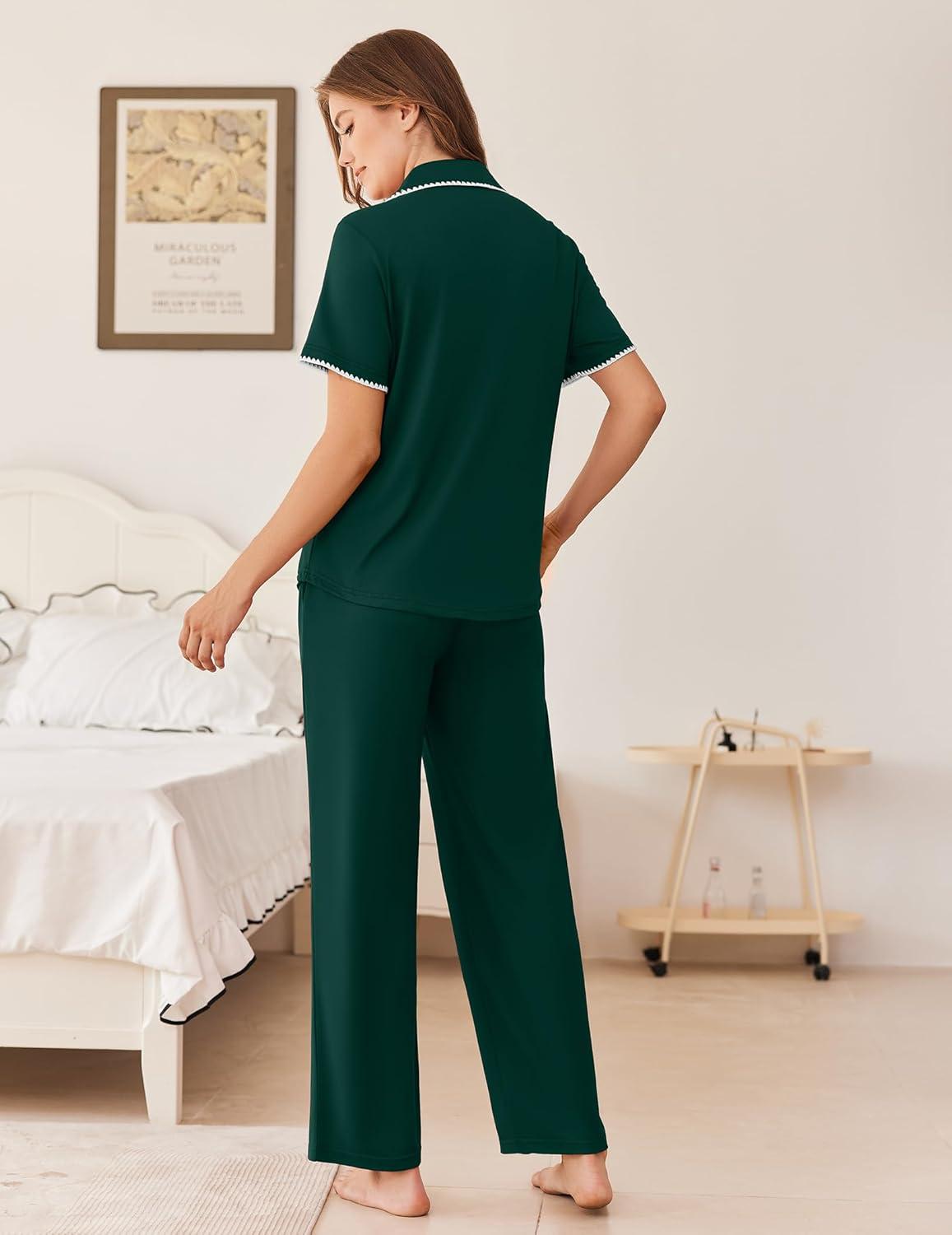 imageEkouaer Womens Pajama Sets Button Down Loungewear Short Sleeve Sleepwear 2 Piece Pants Pjs Set with Pockets SXXLLake Green