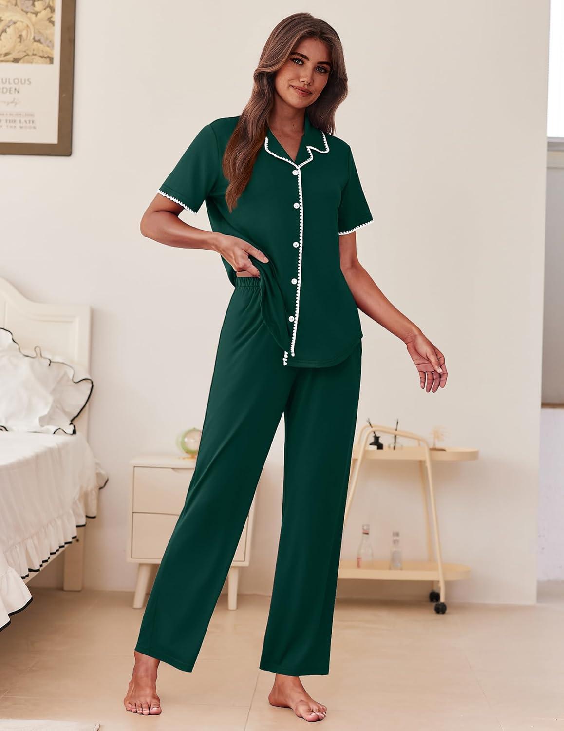 imageEkouaer Womens Pajama Sets Button Down Loungewear Short Sleeve Sleepwear 2 Piece Pants Pjs Set with Pockets SXXLLake Green