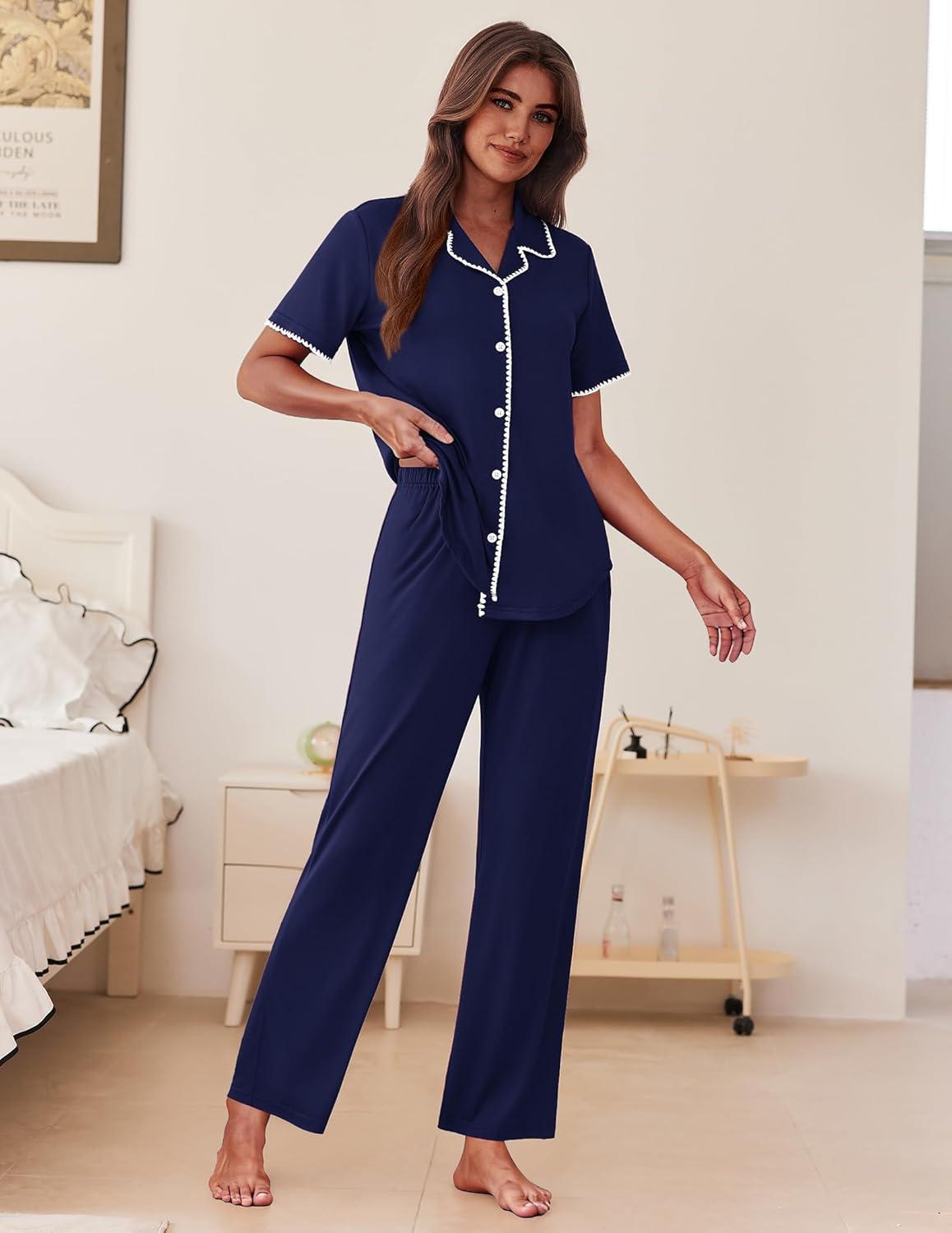 imageEkouaer Womens Pajama Sets Button Down Loungewear Short Sleeve Sleepwear 2 Piece Pants Pjs Set with Pockets SXXLNavy Blue