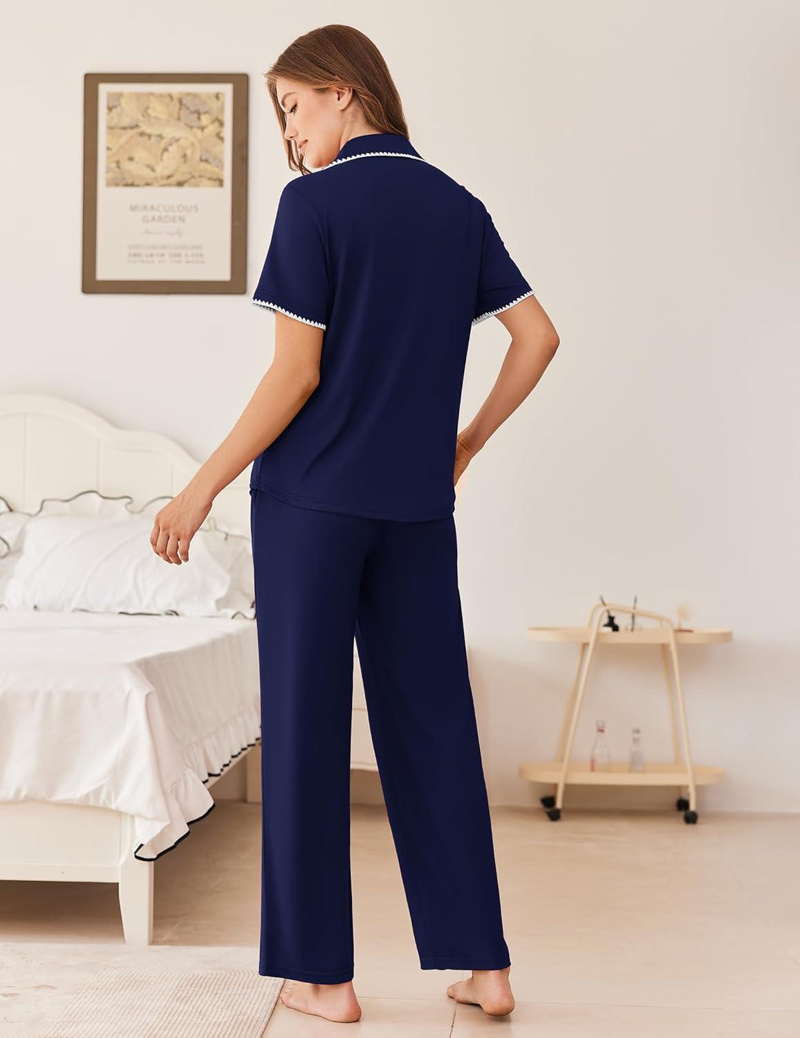 imageEkouaer Womens Pajama Sets Button Down Loungewear Short Sleeve Sleepwear 2 Piece Pants Pjs Set with Pockets SXXLNavy Blue