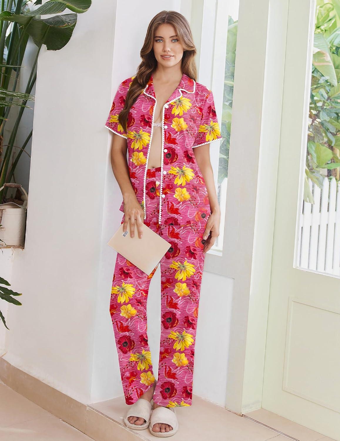 imageEkouaer Womens Pajama Sets Button Down Loungewear Short Sleeve Sleepwear 2 Piece Pants Pjs Set with Pockets SXXLRed Flowers