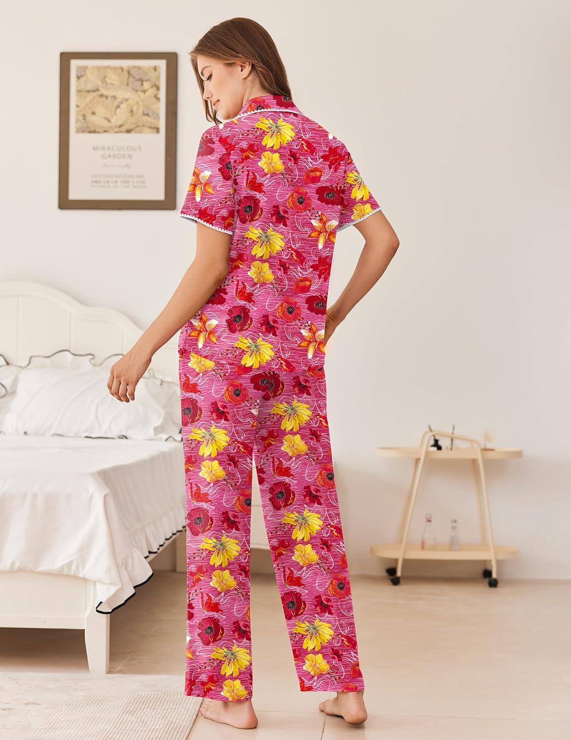imageEkouaer Womens Pajama Sets Button Down Loungewear Short Sleeve Sleepwear 2 Piece Pants Pjs Set with Pockets SXXLRed Flowers