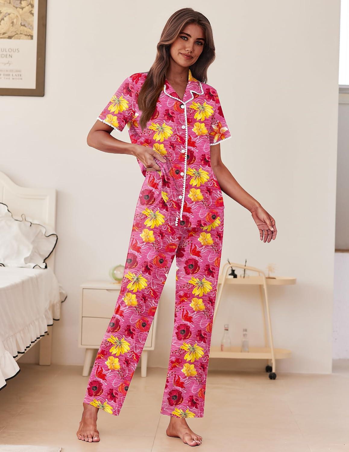 imageEkouaer Womens Pajama Sets Button Down Loungewear Short Sleeve Sleepwear 2 Piece Pants Pjs Set with Pockets SXXLRed Flowers