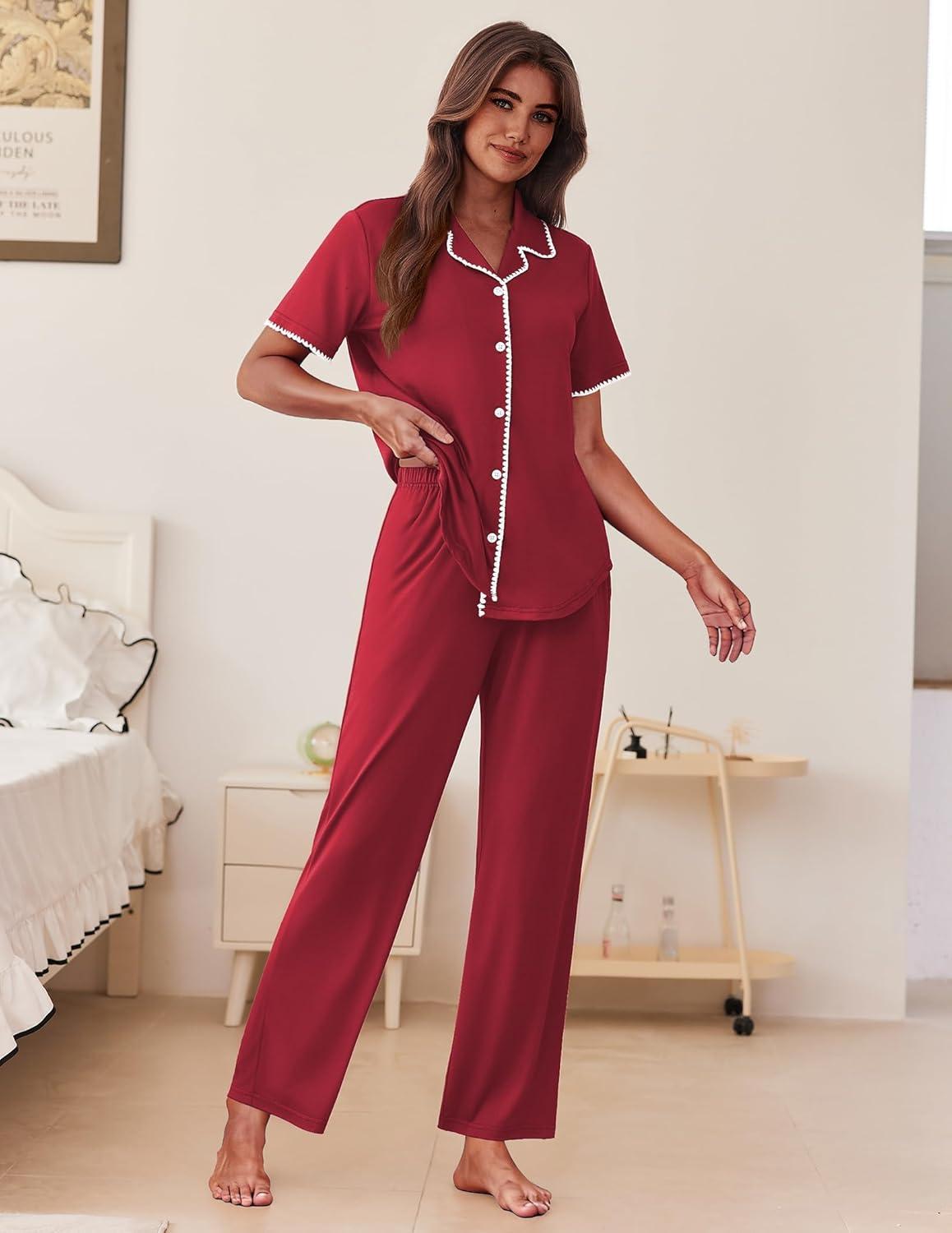imageEkouaer Womens Pajama Sets Button Down Loungewear Short Sleeve Sleepwear 2 Piece Pants Pjs Set with Pockets SXXLWine Red