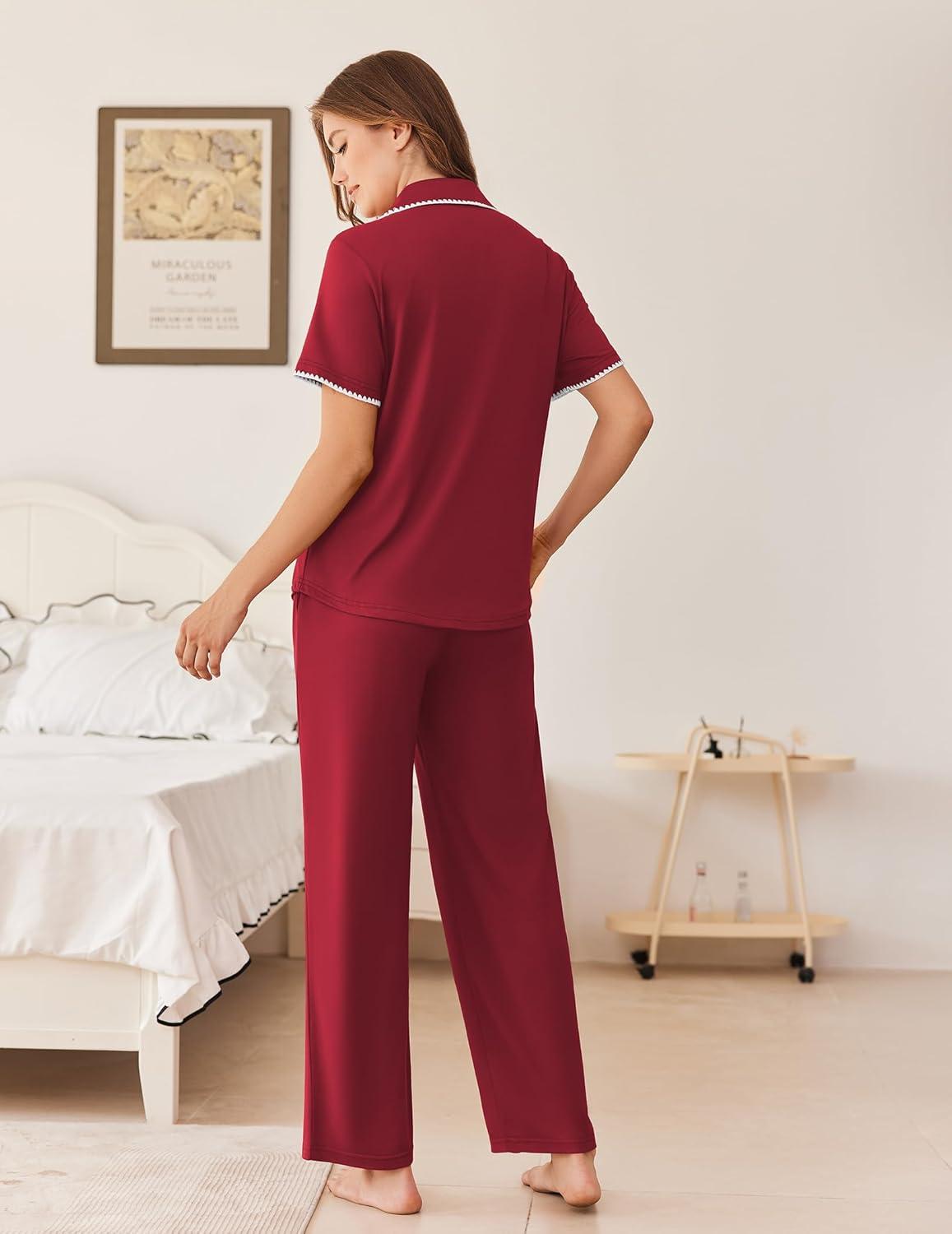 imageEkouaer Womens Pajama Sets Button Down Loungewear Short Sleeve Sleepwear 2 Piece Pants Pjs Set with Pockets SXXLWine Red