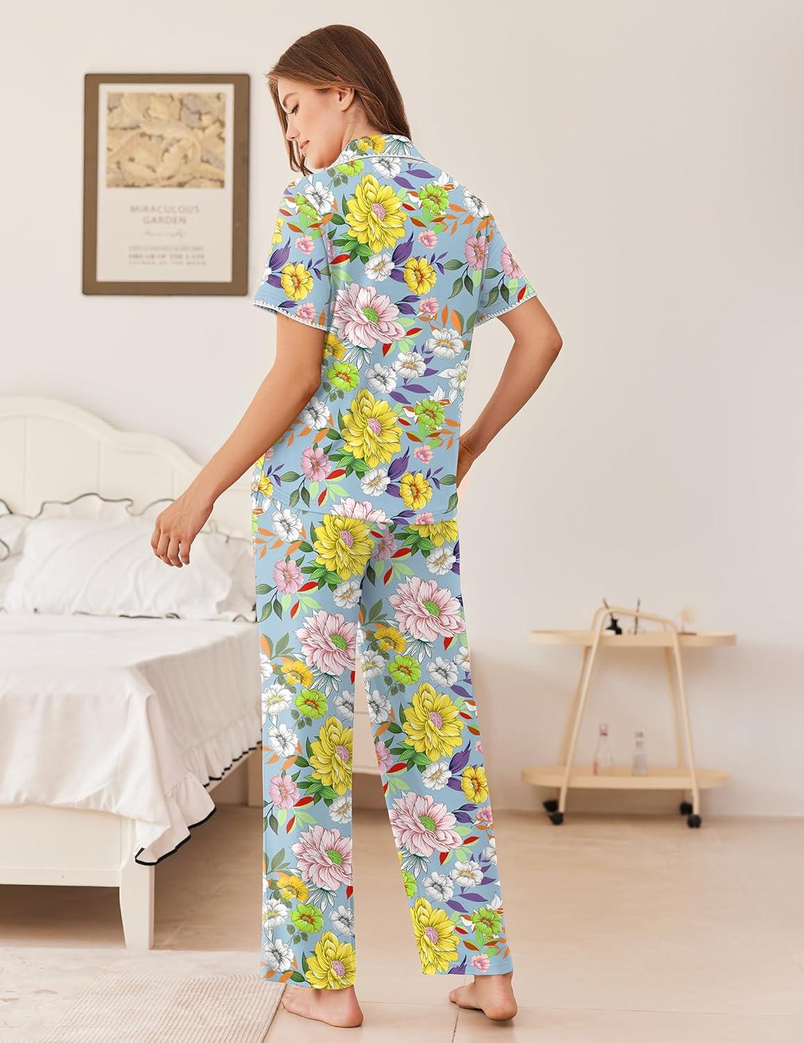 imageEkouaer Womens Pajama Sets Button Down Loungewear Short Sleeve Sleepwear 2 Piece Pants Pjs Set with Pockets SXXLYellow Chrysanthemum