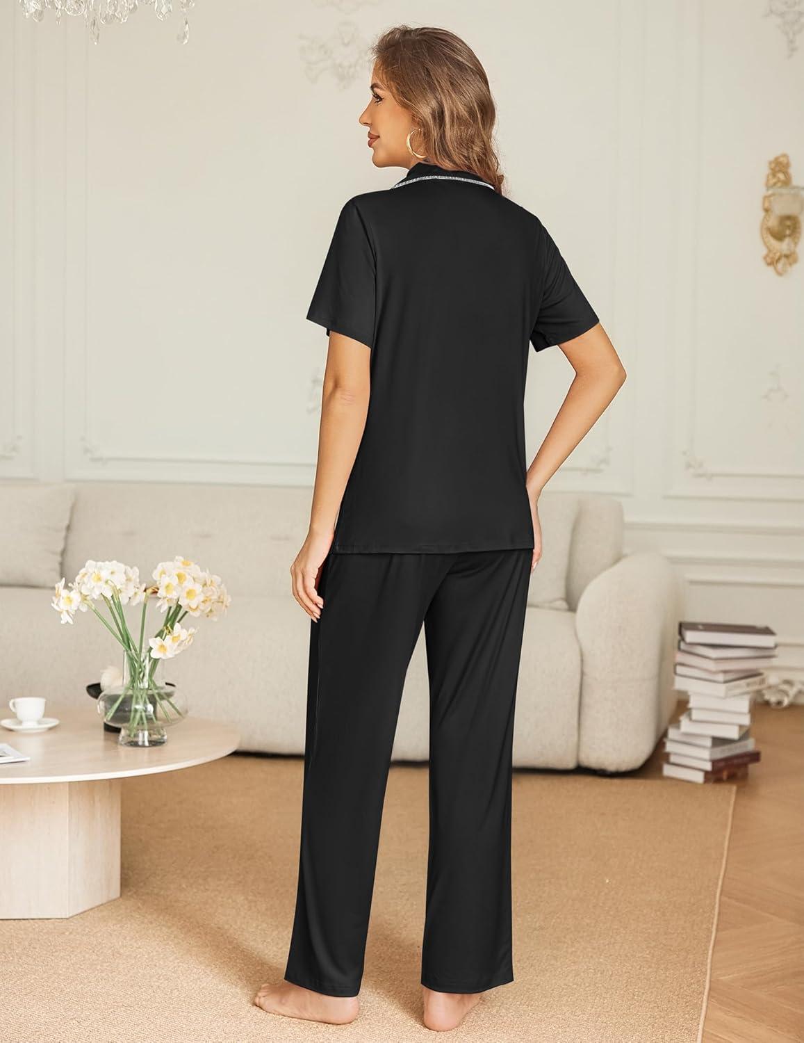 imageEkouaer Womens Pajama Sets Button Down Pjs 2 Piece Short Sleeve Sleepwear with Pants Soft LoungewearBlack