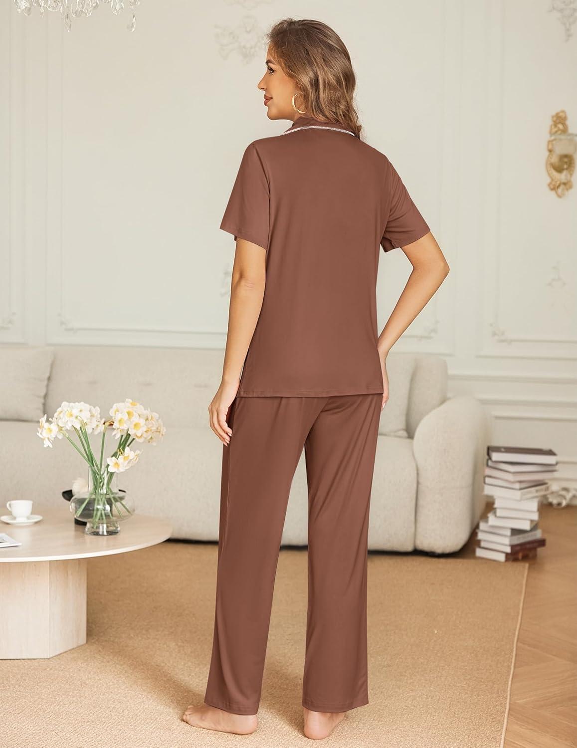imageEkouaer Womens Pajama Sets Button Down Pjs 2 Piece Short Sleeve Sleepwear with Pants Soft LoungewearBrown