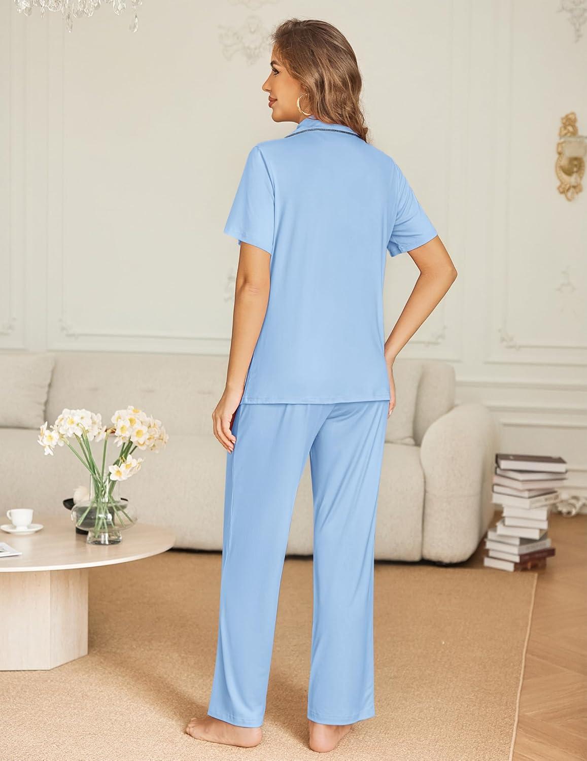 imageEkouaer Womens Pajama Sets Button Down Pjs 2 Piece Short Sleeve Sleepwear with Pants Soft LoungewearCool Blue