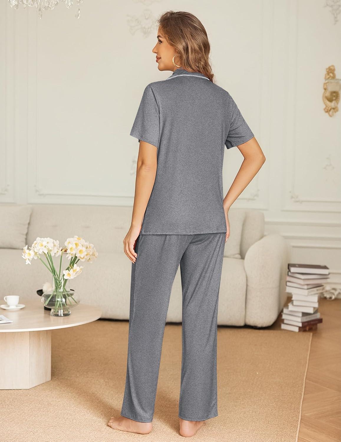 imageEkouaer Womens Pajama Sets Button Down Pjs 2 Piece Short Sleeve Sleepwear with Pants Soft LoungewearGrey