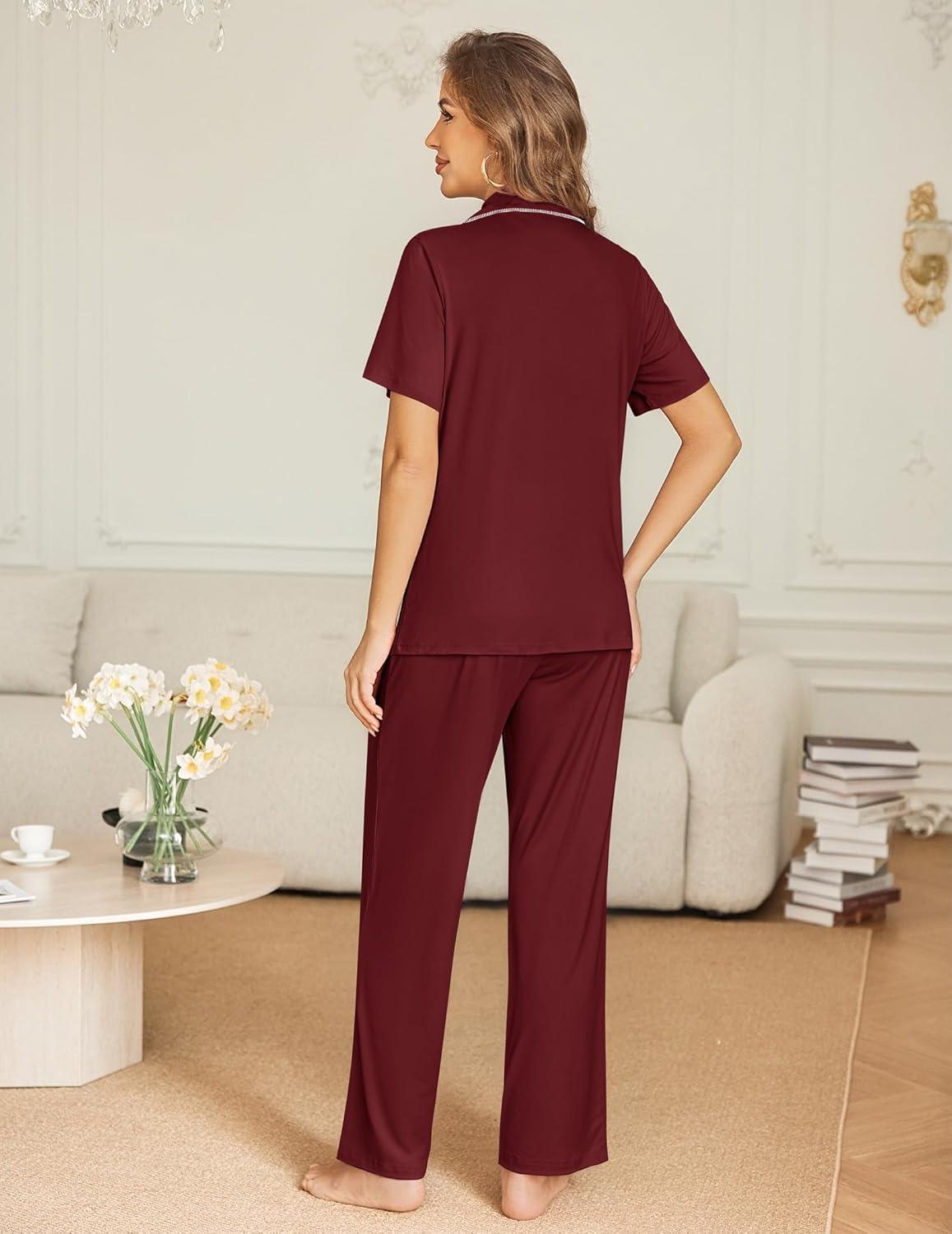 imageEkouaer Womens Pajama Sets Button Down Pjs 2 Piece Short Sleeve Sleepwear with Pants Soft LoungewearWine Red