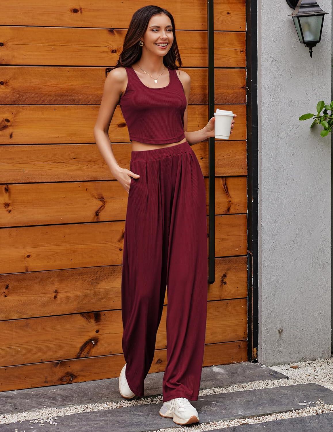 imageEkouaer Womens Pajamas 2 Piece Lounge Set Ribbed Knit Loungewear Sleeveless Tank Top Wide Leg PantsBurgundy