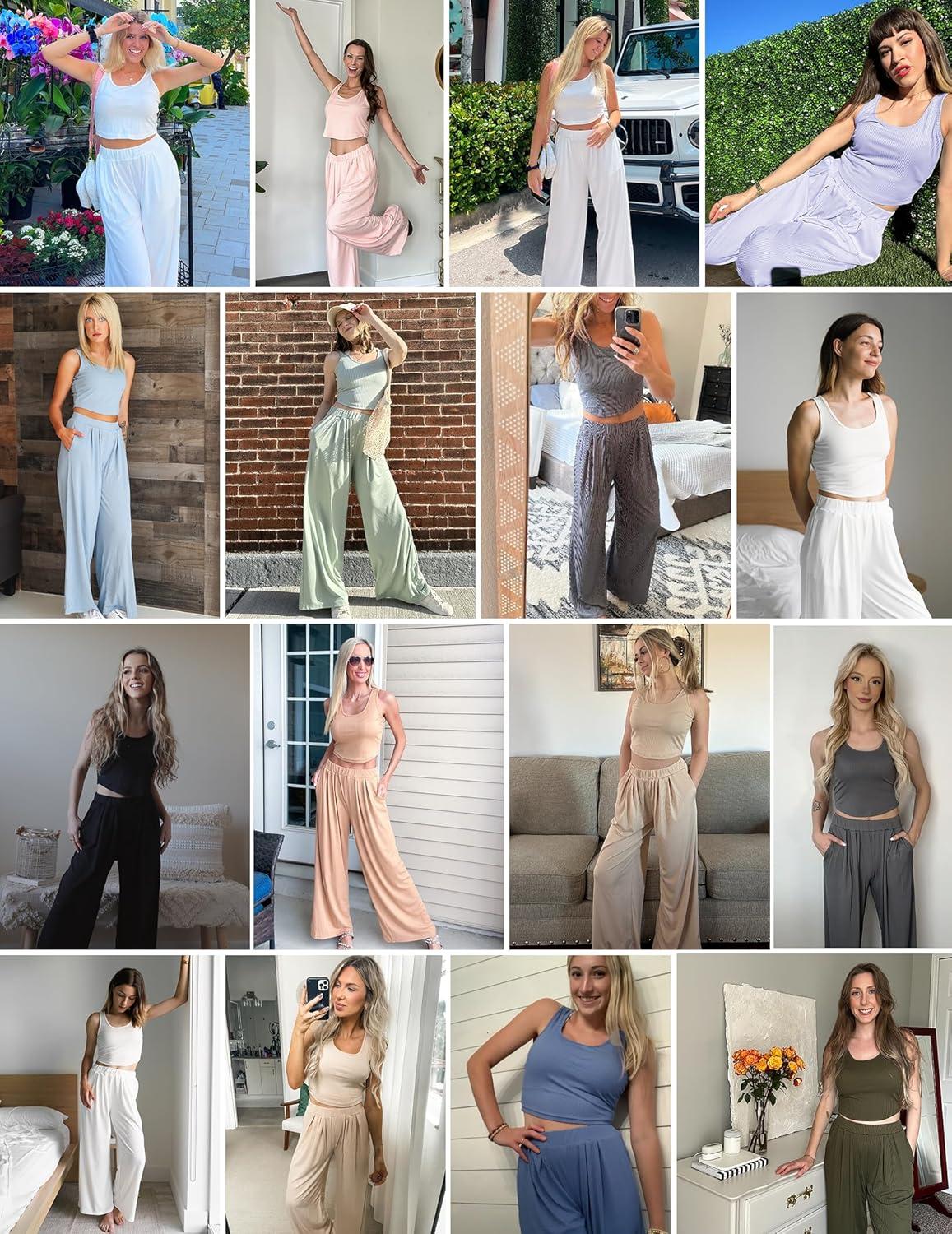 imageEkouaer Womens Pajamas 2 Piece Lounge Set Ribbed Knit Loungewear Sleeveless Tank Top Wide Leg PantsBurgundy