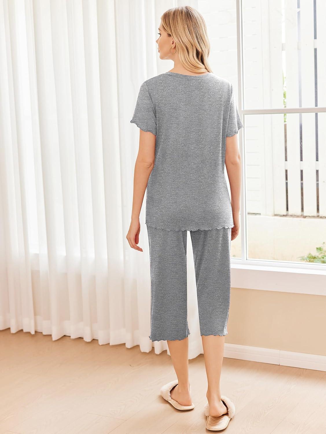 imageEkouaer Womens Pajamas Set Short Sleeve Top With Capri Pants Pjs 2 PIece Lounge amp Sleepwear Set SXXLGray