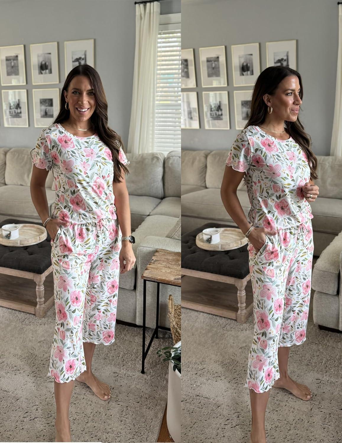 imageEkouaer Womens Pajamas Set Short Sleeve Top With Capri Pants Pjs Lounge amp Sleepwear Set SXXL01 WhitePink Floral
