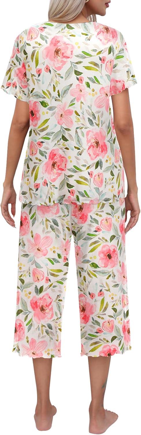 imageEkouaer Womens Pajamas Set Short Sleeve Top With Capri Pants Pjs Lounge amp Sleepwear Set SXXL01 WhitePink Floral