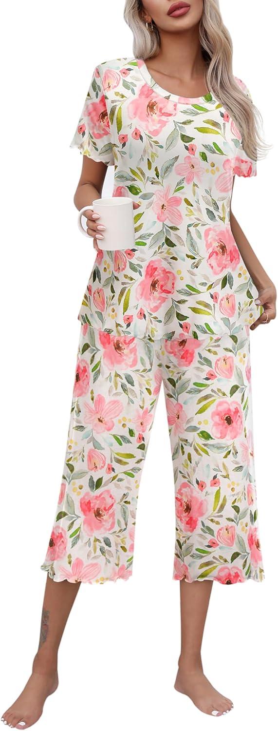 imageEkouaer Womens Pajamas Set Short Sleeve Top With Capri Pants Pjs Lounge amp Sleepwear Set SXXL01 WhitePink Floral