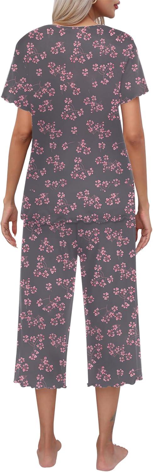 imageEkouaer Womens Pajamas Set Short Sleeve Top With Capri Pants Pjs Lounge amp Sleepwear Set SXXL0grey With Floral Print
