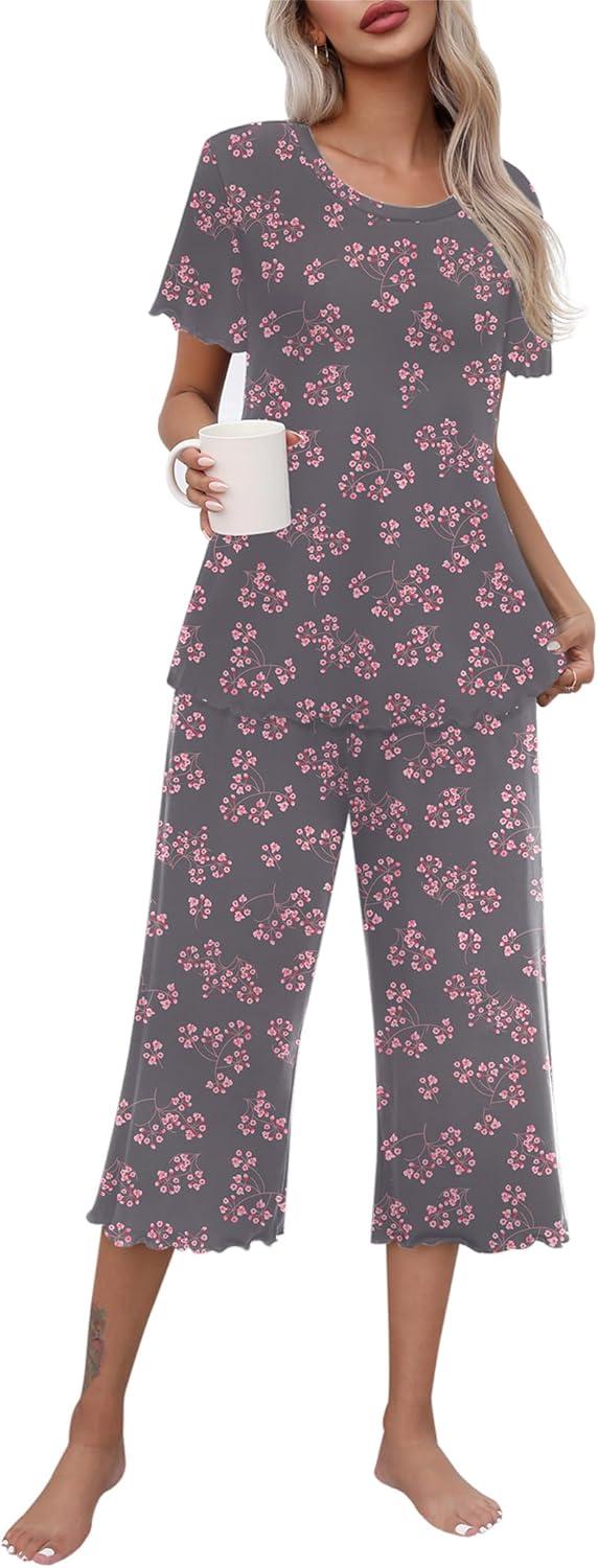 imageEkouaer Womens Pajamas Set Short Sleeve Top With Capri Pants Pjs Lounge amp Sleepwear Set SXXL0grey With Floral Print