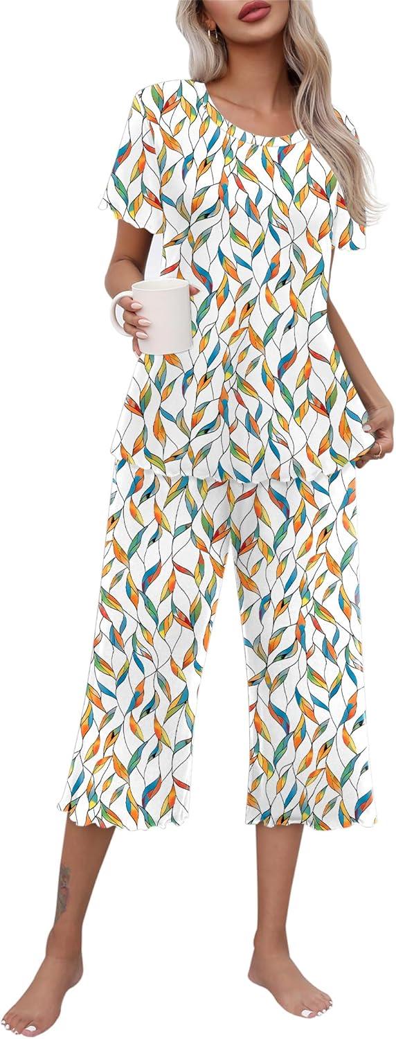 imageEkouaer Womens Pajamas Set Short Sleeve Top With Capri Pants Pjs Lounge amp Sleepwear Set SXXL0white With Leaves