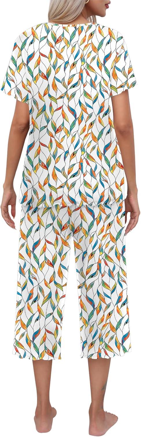 imageEkouaer Womens Pajamas Set Short Sleeve Top With Capri Pants Pjs Lounge amp Sleepwear Set SXXL0white With Leaves