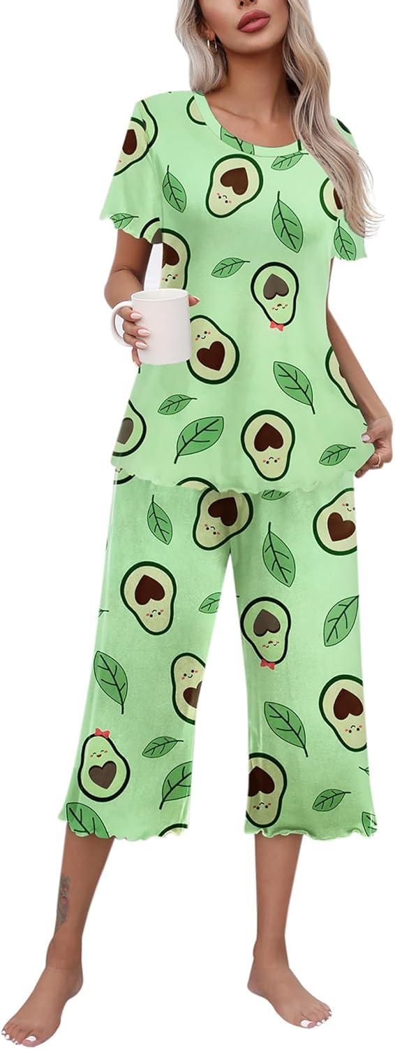 imageEkouaer Womens Pajamas Set Short Sleeve Top With Capri Pants Pjs Lounge amp Sleepwear Set SXXLAvocado GreenLeaf