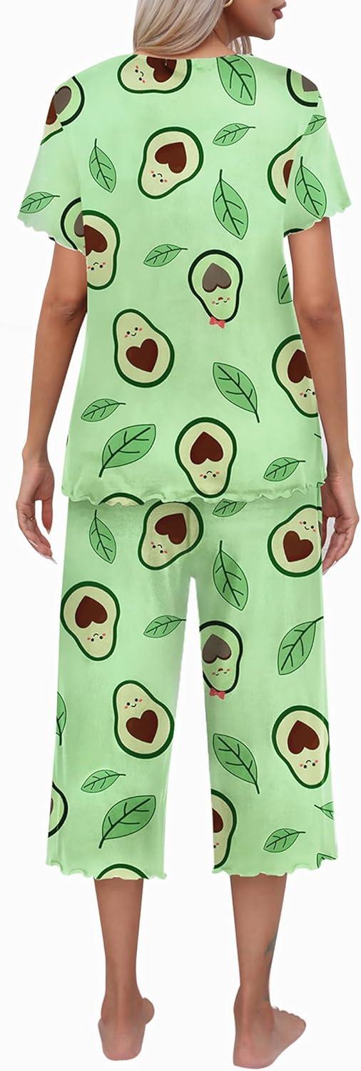 imageEkouaer Womens Pajamas Set Short Sleeve Top With Capri Pants Pjs Lounge amp Sleepwear Set SXXLAvocado GreenLeaf
