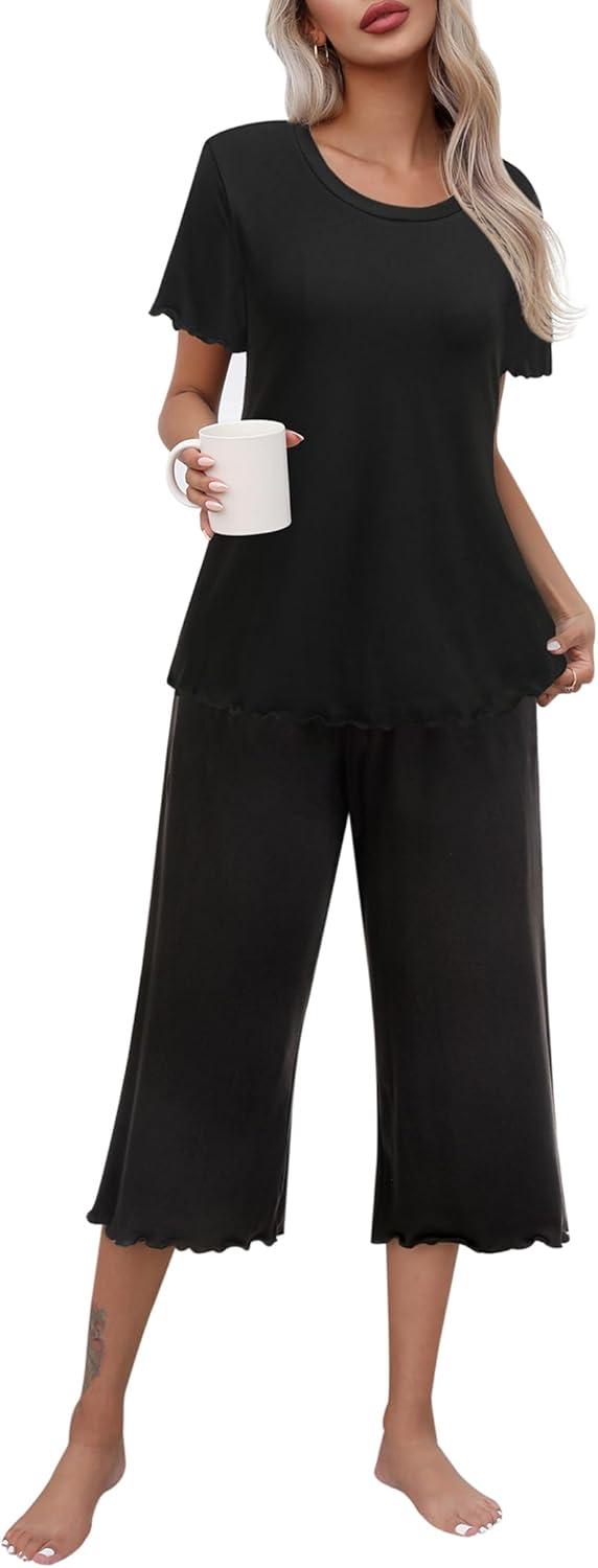 imageEkouaer Womens Pajamas Set Short Sleeve Top With Capri Pants Pjs Lounge amp Sleepwear Set SXXLBlack