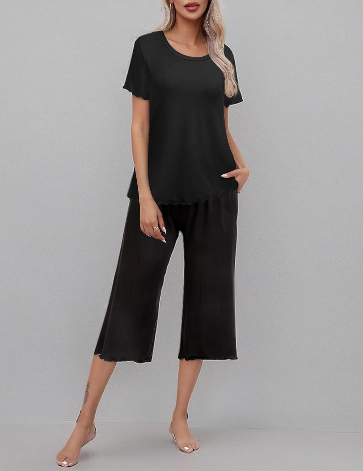 imageEkouaer Womens Pajamas Set Short Sleeve Top With Capri Pants Pjs Lounge amp Sleepwear Set SXXLBlack