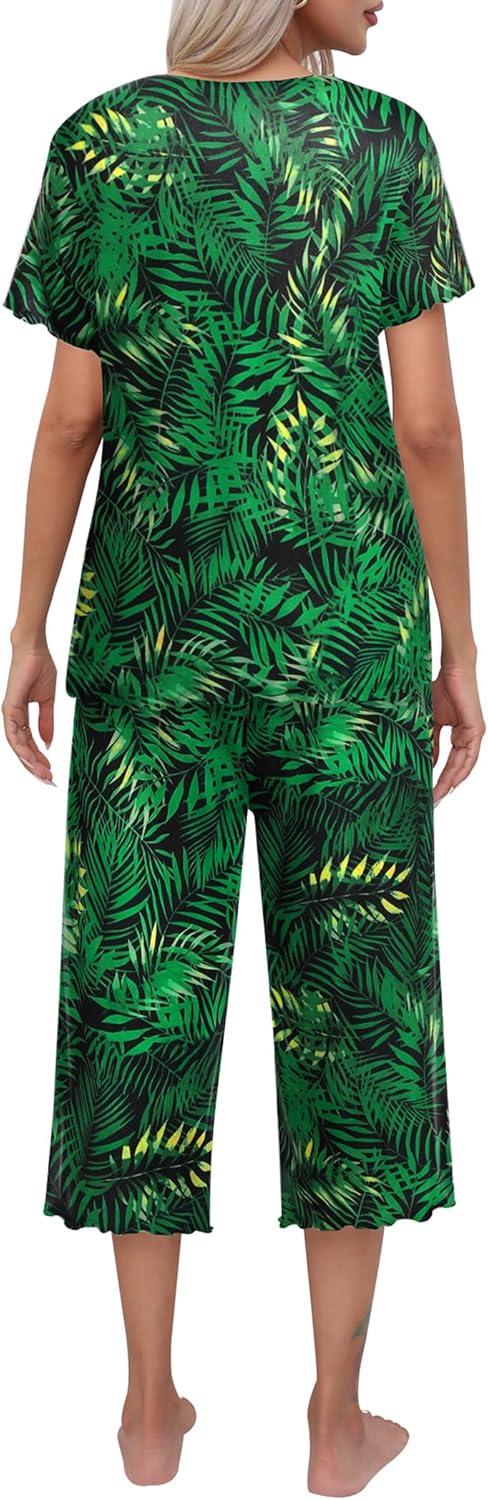 imageEkouaer Womens Pajamas Set Short Sleeve Top With Capri Pants Pjs Lounge amp Sleepwear Set SXXLBlackDark Green Leaves