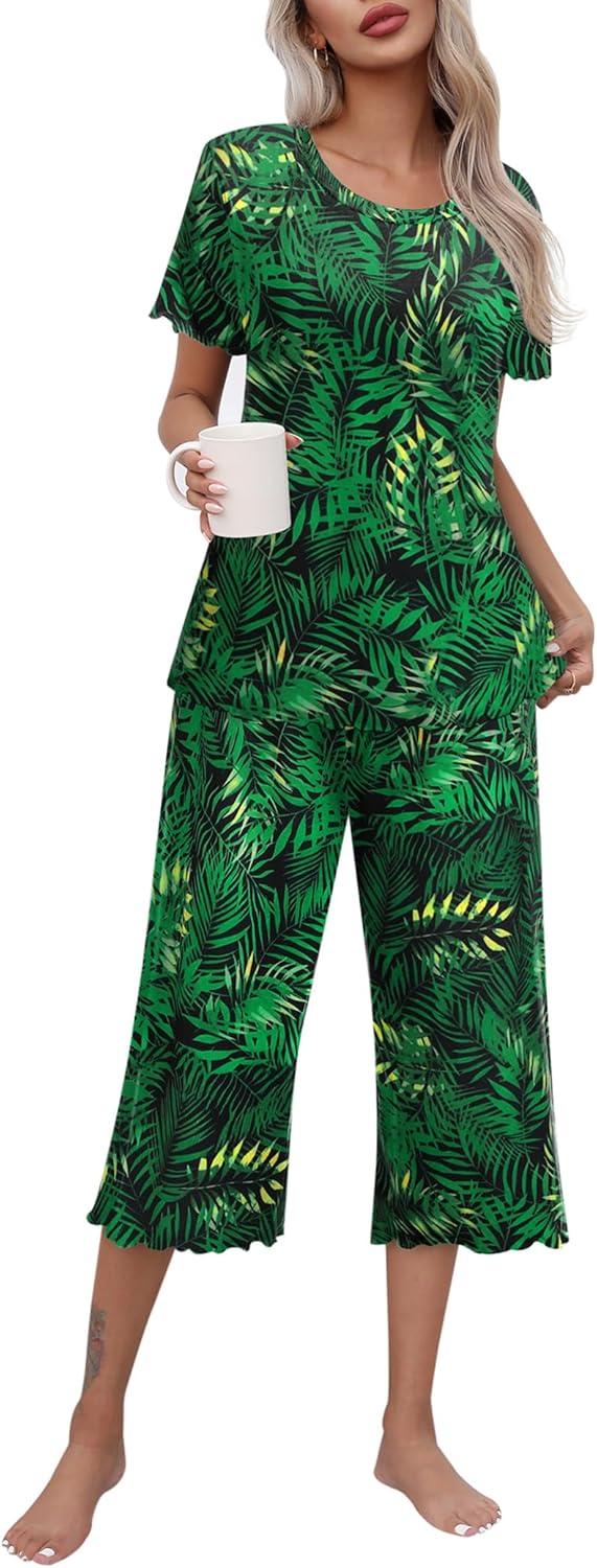 imageEkouaer Womens Pajamas Set Short Sleeve Top With Capri Pants Pjs Lounge amp Sleepwear Set SXXLBlackDark Green Leaves
