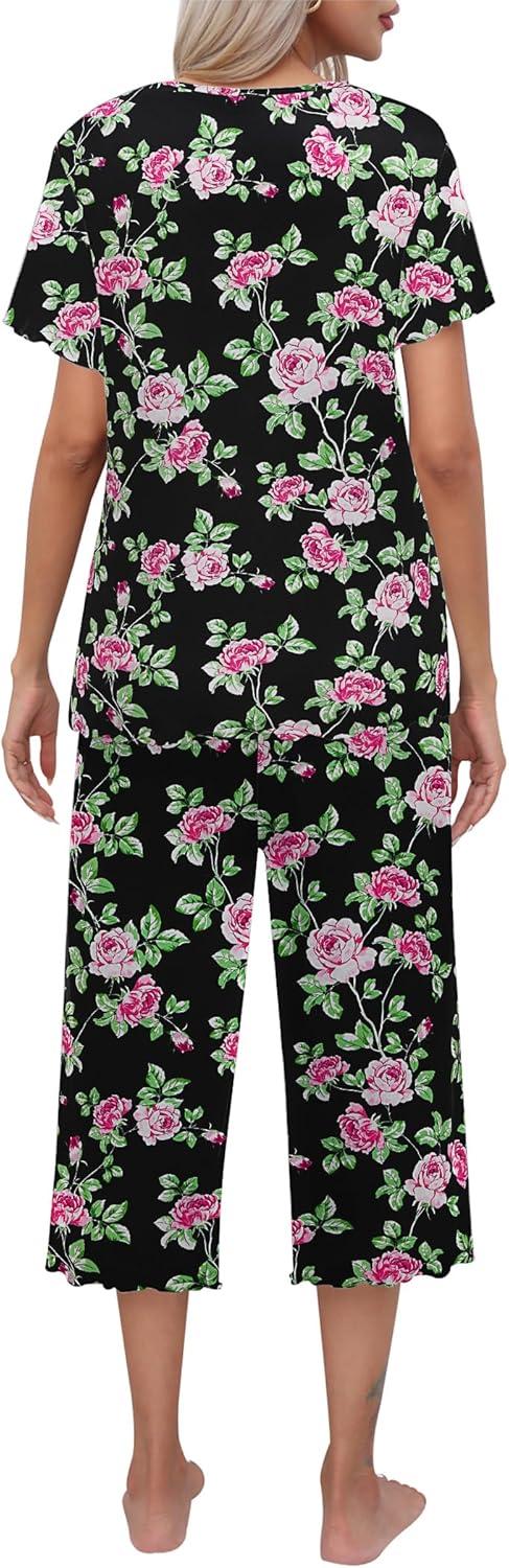 imageEkouaer Womens Pajamas Set Short Sleeve Top With Capri Pants Pjs Lounge amp Sleepwear Set SXXLBlackPink Flower