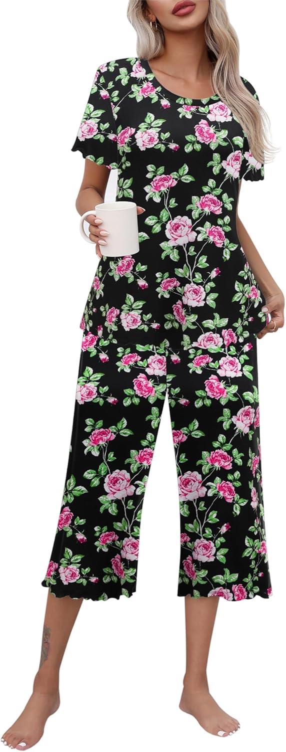 imageEkouaer Womens Pajamas Set Short Sleeve Top With Capri Pants Pjs Lounge amp Sleepwear Set SXXLBlackPink Flower