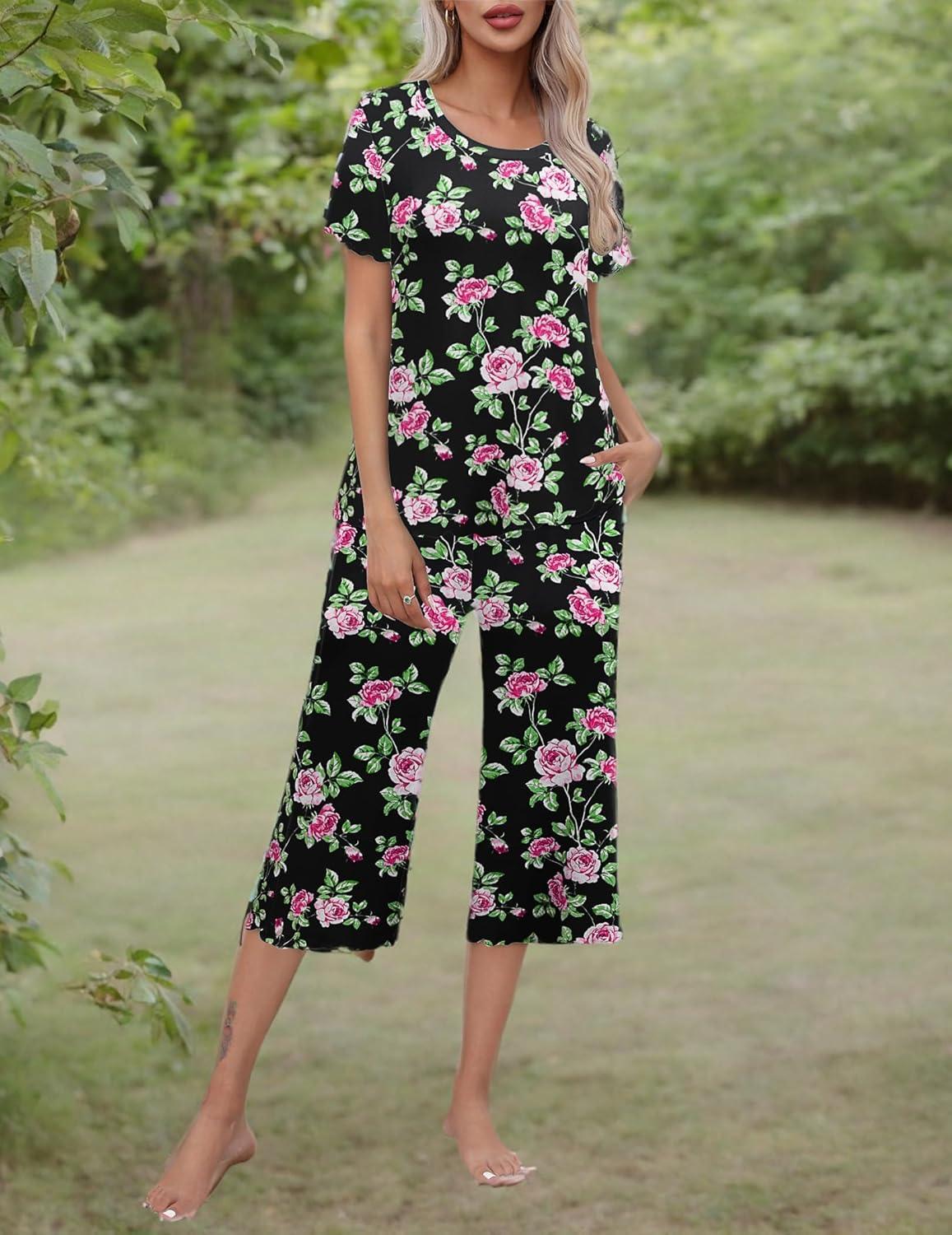 imageEkouaer Womens Pajamas Set Short Sleeve Top With Capri Pants Pjs Lounge amp Sleepwear Set SXXLBlackPink Flower