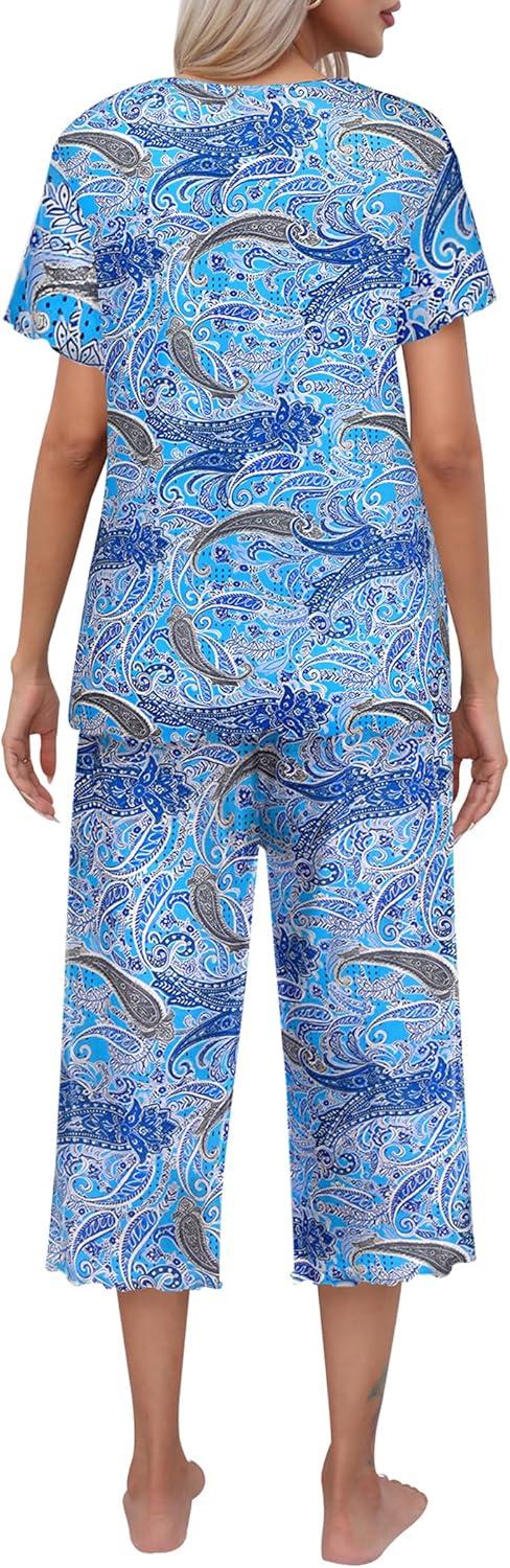 imageEkouaer Womens Pajamas Set Short Sleeve Top With Capri Pants Pjs Lounge amp Sleepwear Set SXXLCashew Navy Blue