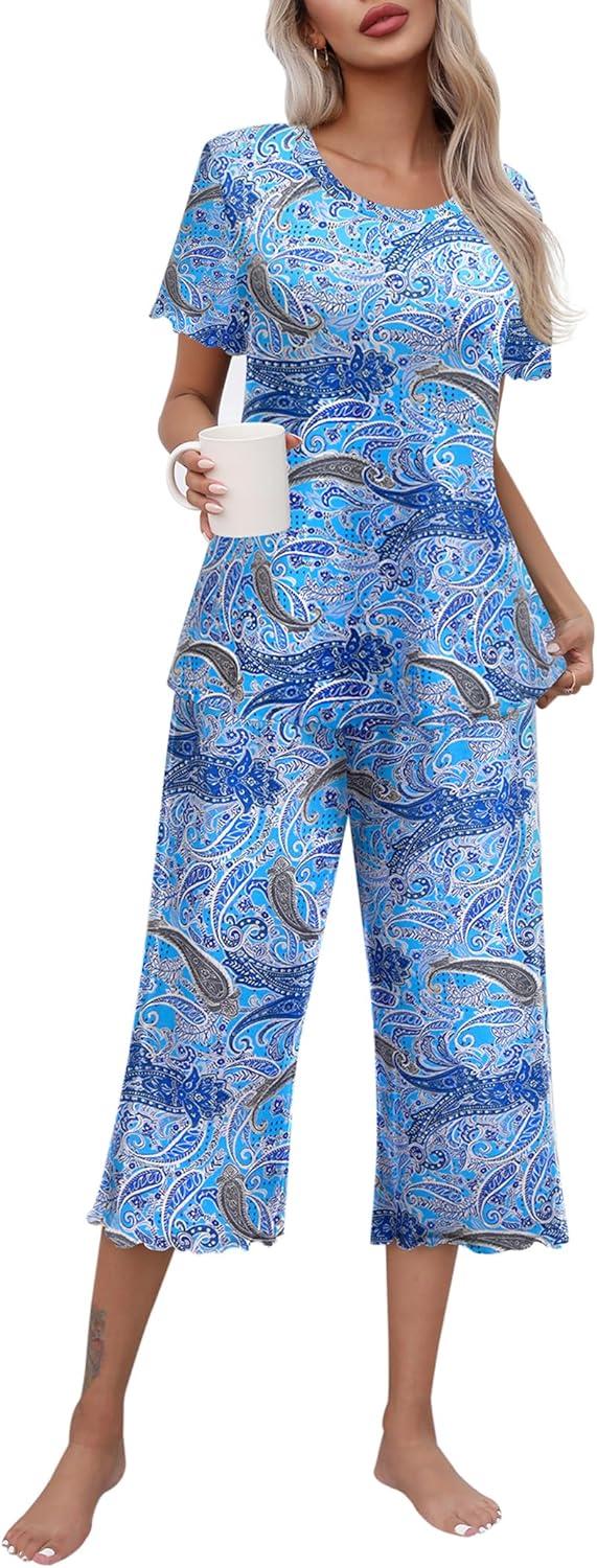 imageEkouaer Womens Pajamas Set Short Sleeve Top With Capri Pants Pjs Lounge amp Sleepwear Set SXXLCashew Navy Blue