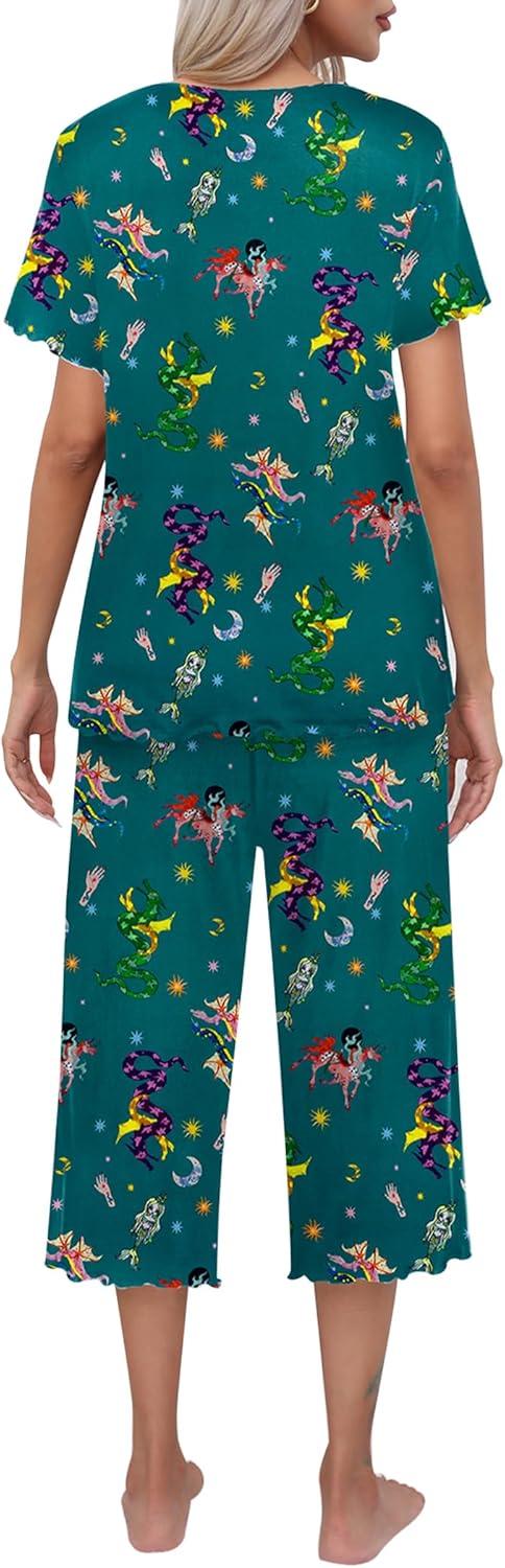 imageEkouaer Womens Pajamas Set Short Sleeve Top With Capri Pants Pjs Lounge amp Sleepwear Set SXXLDark GreenCarton Print
