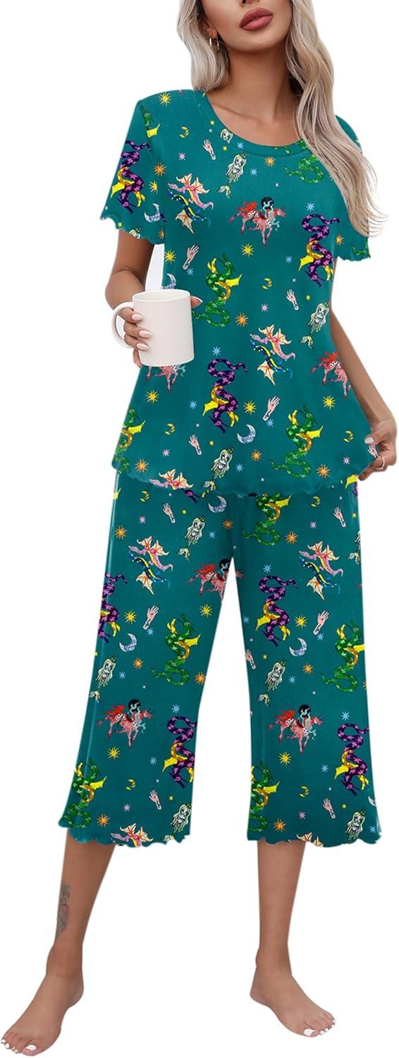 imageEkouaer Womens Pajamas Set Short Sleeve Top With Capri Pants Pjs Lounge amp Sleepwear Set SXXLDark GreenCarton Print