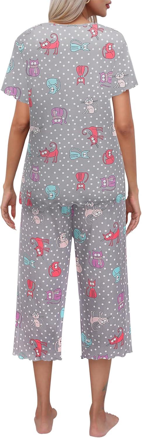 imageEkouaer Womens Pajamas Set Short Sleeve Top With Capri Pants Pjs Lounge amp Sleepwear Set SXXLGrayWhite PotCarton Animal