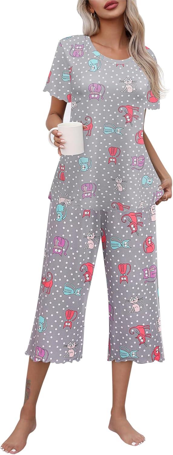 imageEkouaer Womens Pajamas Set Short Sleeve Top With Capri Pants Pjs Lounge amp Sleepwear Set SXXLGrayWhite PotCarton Animal