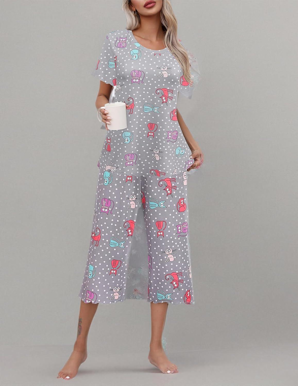 imageEkouaer Womens Pajamas Set Short Sleeve Top With Capri Pants Pjs Lounge amp Sleepwear Set SXXLGrayWhite PotCarton Animal